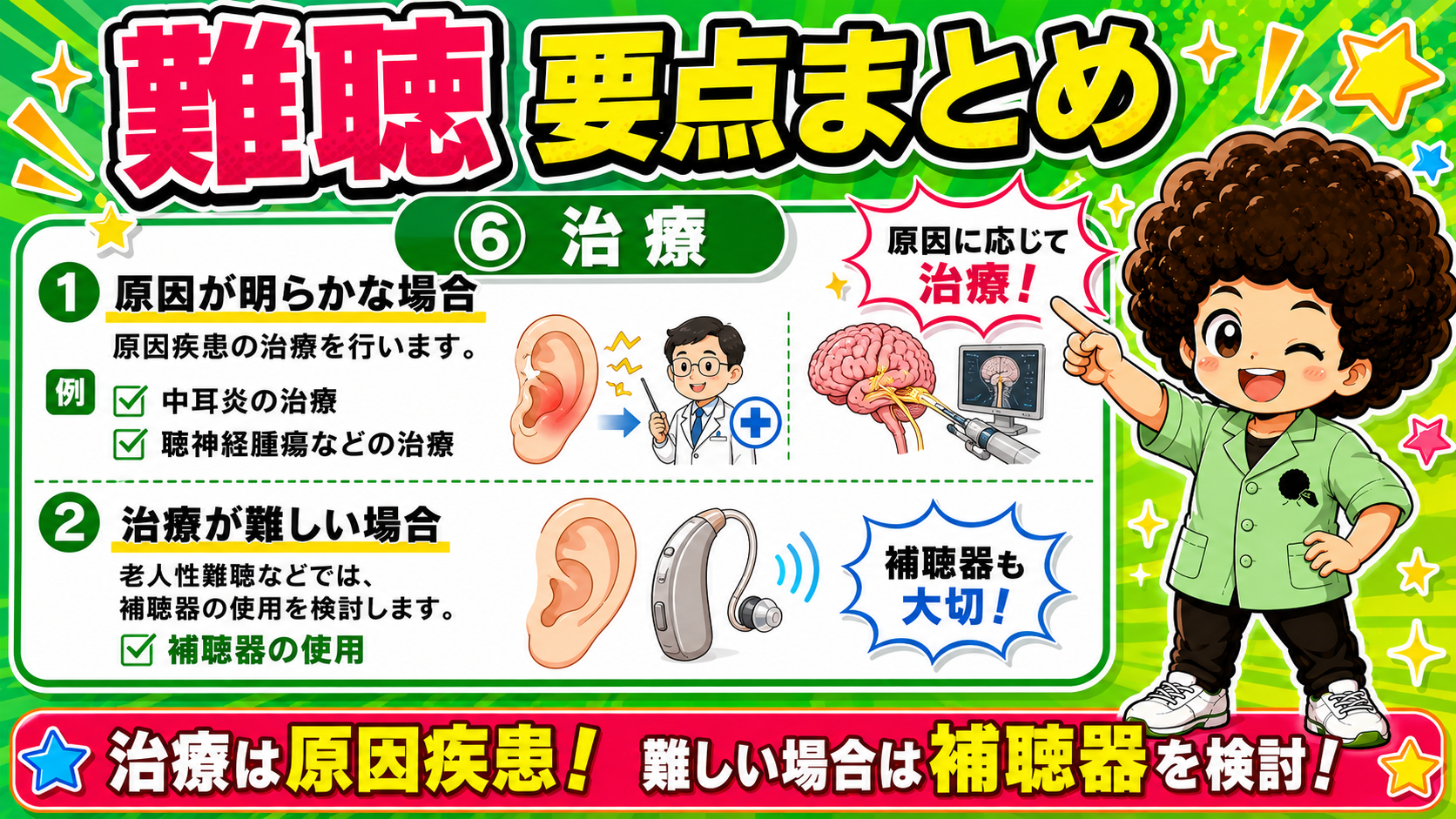 治療は原因疾患が基本。難しい場合は補聴器を検討