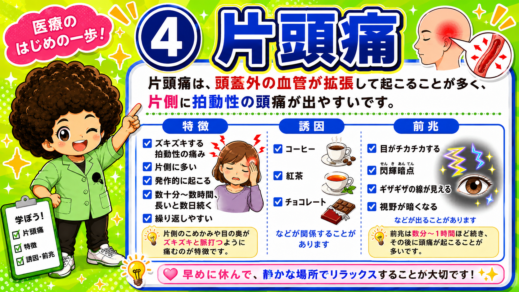 片頭痛の特徴・誘因・前兆（閃輝暗点）