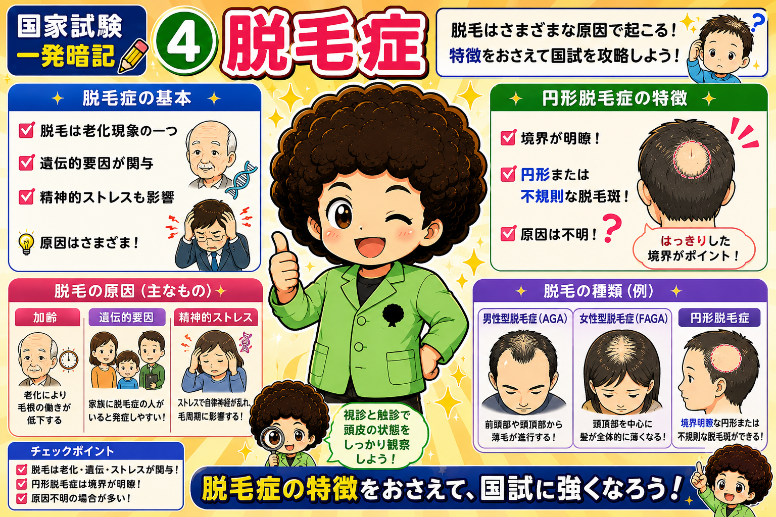 脱毛症の基本と円形脱毛症の特徴（境界明瞭な円形または不規則な脱毛斑）