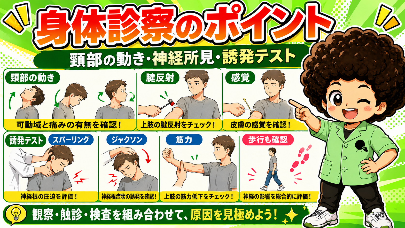 頸部の動き・腱反射・感覚・誘発テスト・筋力・歩行