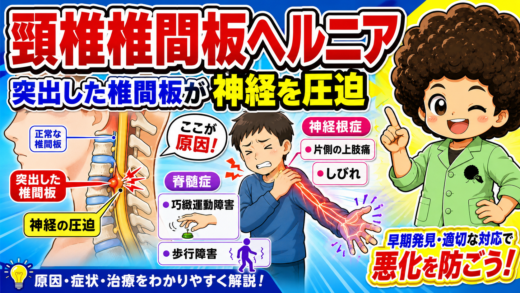 突出した椎間板が神経を圧迫する：神経根症と脊髄症
