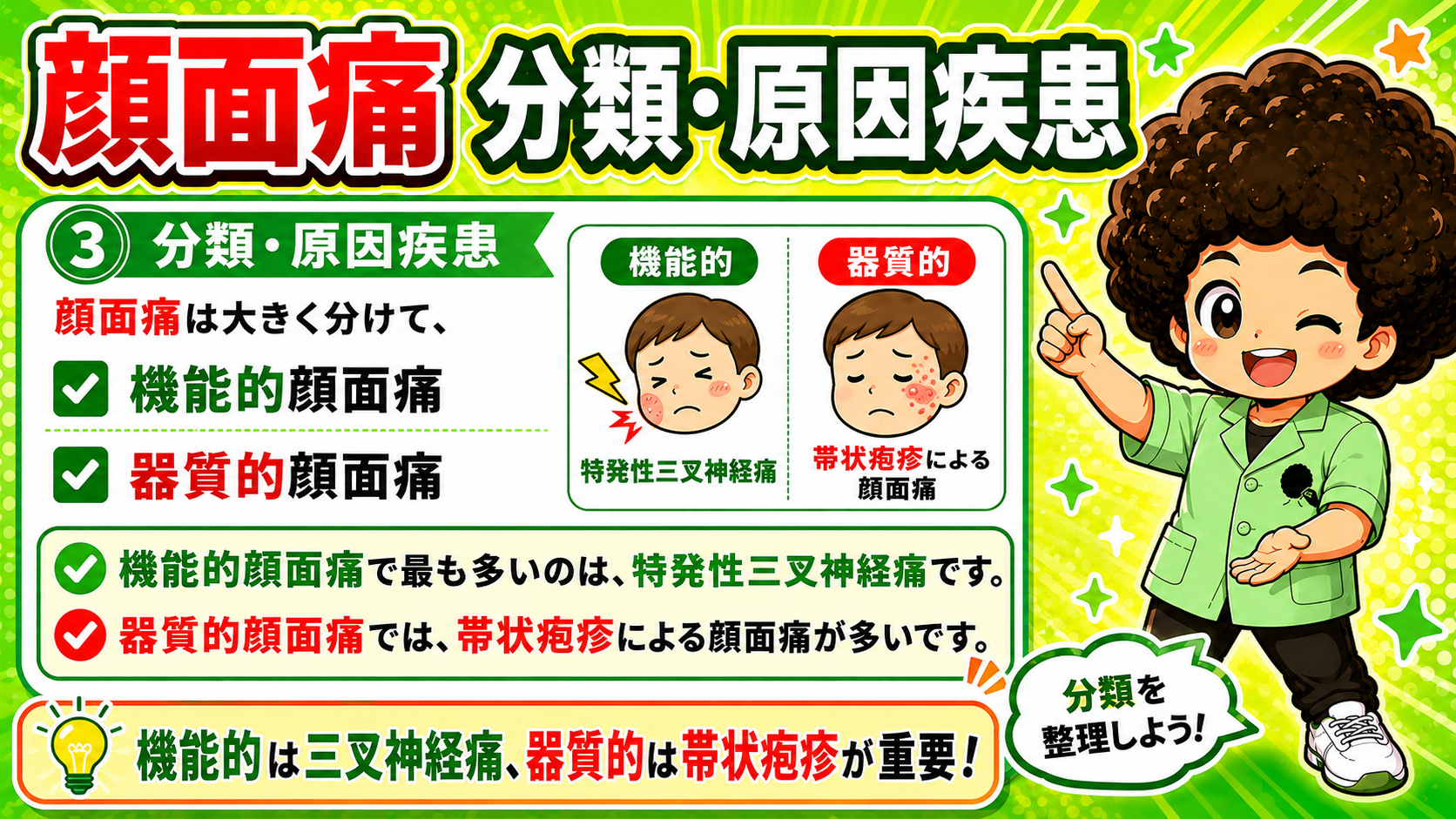 機能的顔面痛＝特発性三叉神経痛、器質的顔面痛＝帯状疱疹が代表